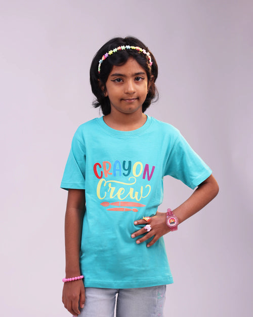 Front view of “Crayon Crew” kids tee – playful crayon print on soft cotton for boys & girls
