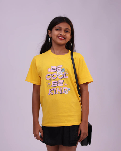 Front view of “Be Cool Be Kind” kids tee – cozy cotton for both boys & girls